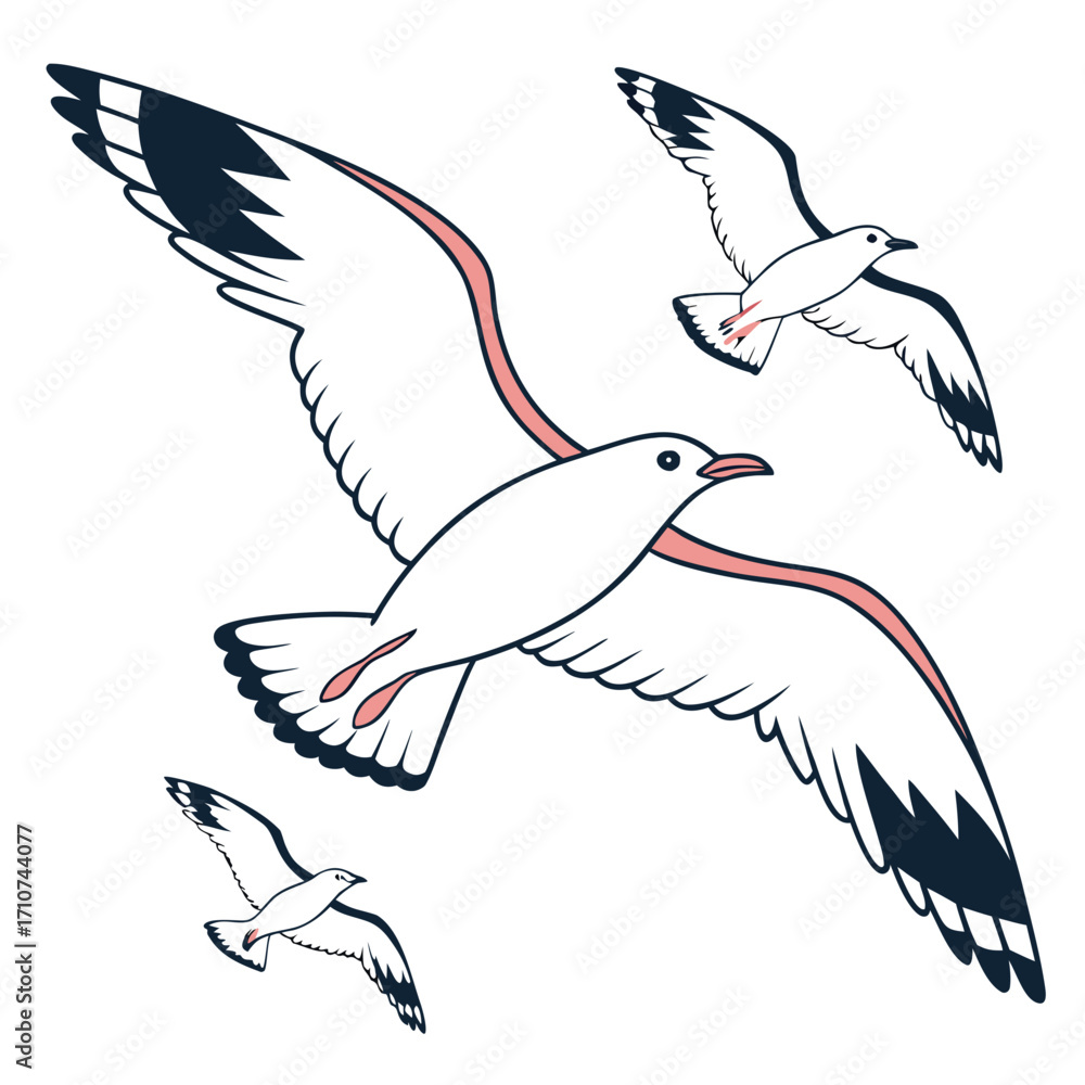 Obraz premium Three stylized white seagulls with dark wingtips and pink accents in graceful flight against a white background