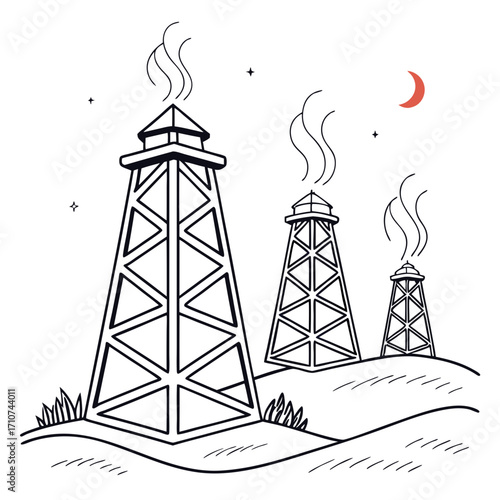 Three stylized oil derricks with smoke plumes rise from rolling hills under a crescent moon and stars