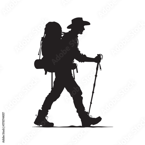 Hiker silhouette with backpack and walking stick