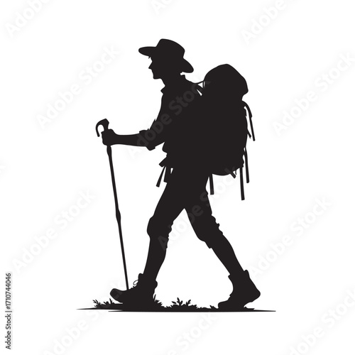 Hiker silhouette with backpack and walking stick