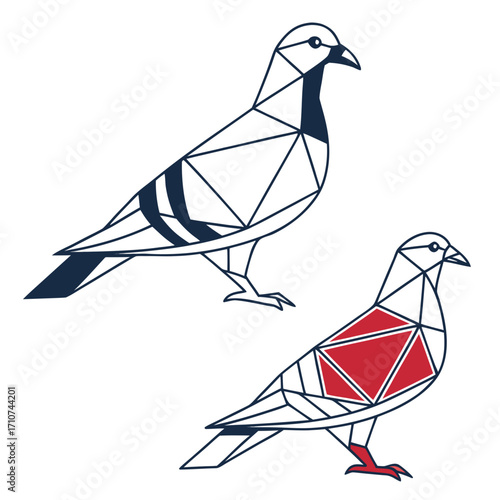 Two stylized geometric pigeons one with dark blue accents and the other with red accents on white background