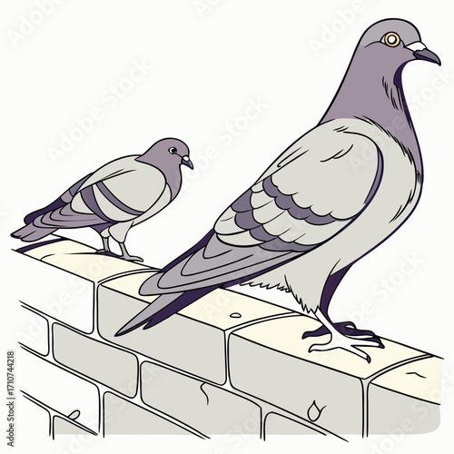 Two stylized pigeons perched on a cream colored brick wall with a white background