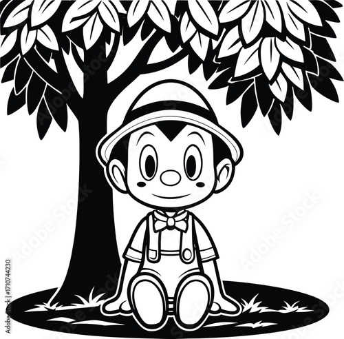 Cartoon boy sitting under tree vector