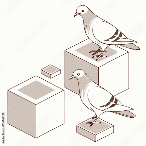 Two stylized pigeons stand on isometric cubes against a plain background with a minimalist artistic style
