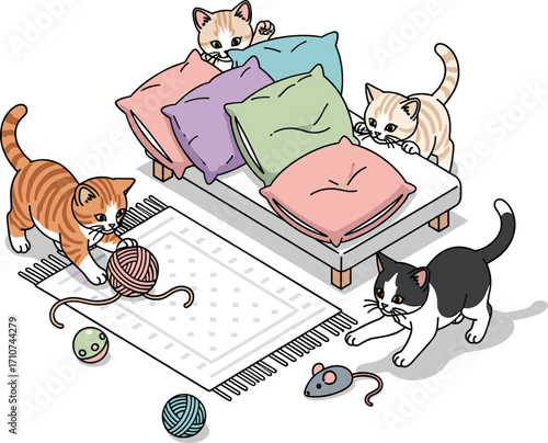 Playful Kittens in Isometric Bedroom