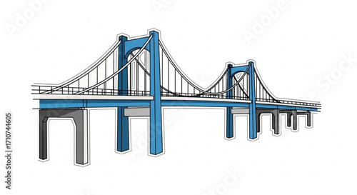 Blue suspension bridge illustration for civil engineering and architectural design projects view of structure