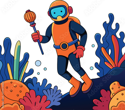 Stylized diver in orange suit explores colorful coral reef scuba diver diving