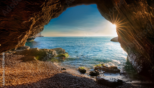 Sunlight Streams Into A Tranquil Sea Cave