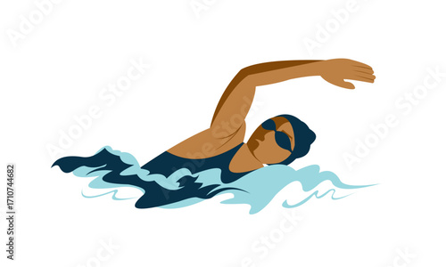 An illustration of a person swimming the front crawl stroke in water, wearing a swim cap and goggles.
