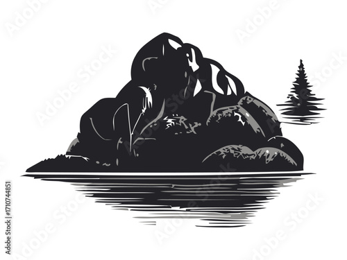 A striking black and white illustration of a rugged mountain peak reflected in calm water, with a solitary pine tree in the background.