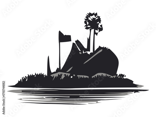 Stylized silhouette of a small island with a flag, trees, and a monument, reflected in water.