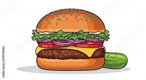 Delicious cartoon burger with sesame bun cheese lettuce tomato onion and pickle illustration for food lovers