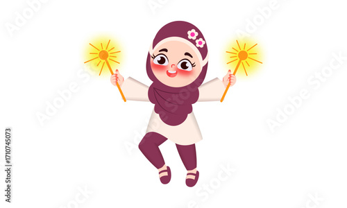A joyful cartoon Muslim girl in a purple hijab celebrating with two lit sparklers.