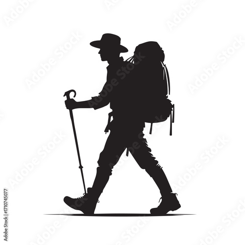 Hiker silhouette with backpack and walking stick