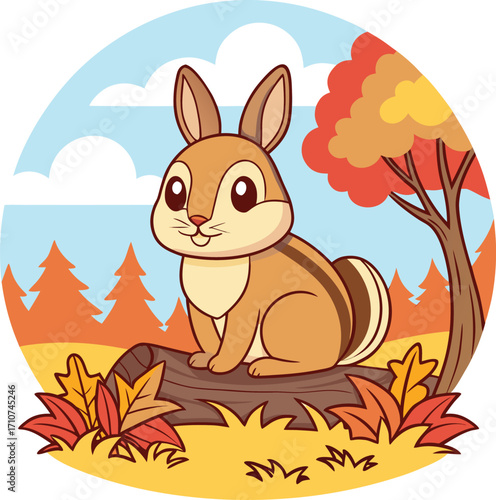 Cute chipmunk on log with autumn leaves animal cartoon