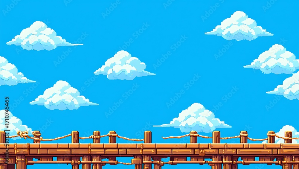 Fototapeta premium Pixel art serene blue sky landscape with fluffy white clouds and wooden bridge