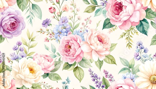 Wallpaper Mural Floral pattern with pastel roses and botanicals Torontodigital.ca