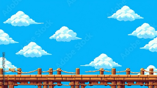 Pixel art serene blue sky landscape with fluffy white clouds and wooden bridge