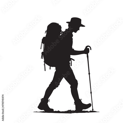 Hiker silhouette with backpack and walking stick