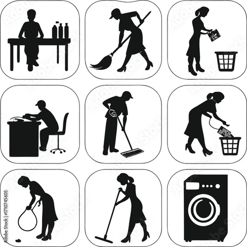 Silhouettes of people cleaning and doing chores person