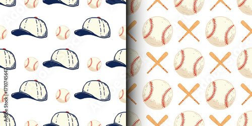 Baseball sport, American football, seamless pattern. Softball, bat, and glove, baseball cap design gift wrapping paper, cover, poster, labels isolated background.