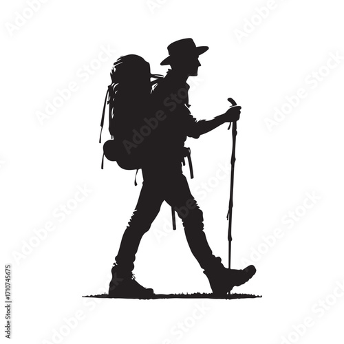 Hiker silhouette with backpack and walking stick