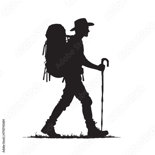 Hiker silhouette with backpack and walking stick