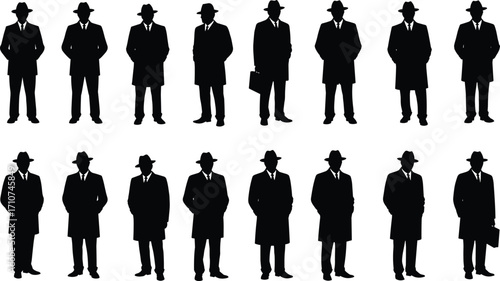 Black silhouette of business men in suits and hats standing in row, corporate professionals, secret agents, mafia style characters, formal attire illustration