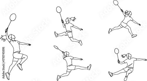 Badminton player silhouette set, black-and-white illustrations of dynamic athletic poses for sport, motion, and character design themes