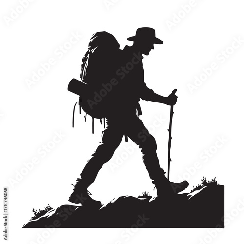 Hiker silhouette with backpack and walking stick