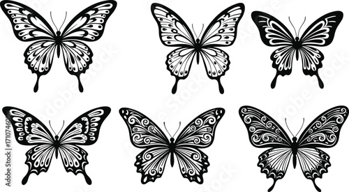 Black and white butterfly vector set, artistic wing pattern illustrations, symmetrical insect designs for nature decor, tattoo art, and graphic design inspiration