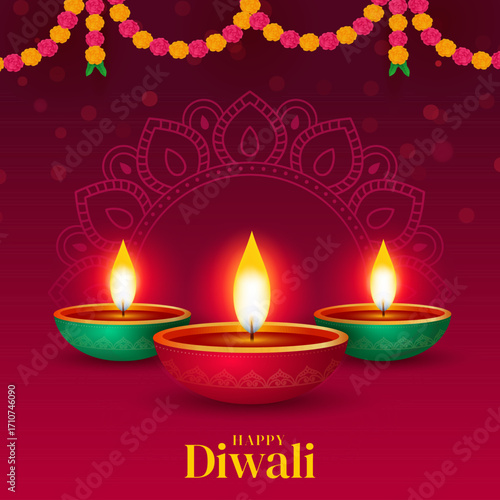 Indian Traditional floral garland with marigold flowers and mandala, oil lamp background, flyer, greetings, invitation card