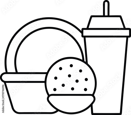 Black outline illustration of a burger drink and plate on white background straw