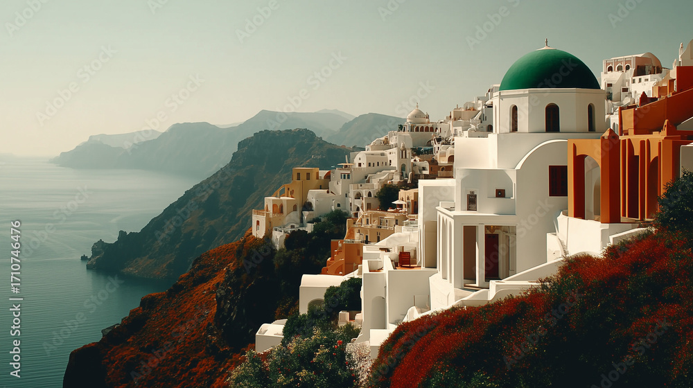 Fototapeta premium White Greek architecture on Santorini cliffside with blue domes under bright sunlight