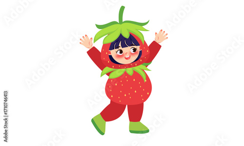 A cheerful cartoon girl with dark hair happily posing in a cute red strawberry costume.
