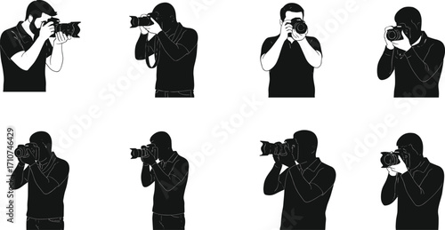 Camera user silhouette vector set, black photography poses with hand-held angles for creative design, tutorial visuals, and artistic reference illustrations
