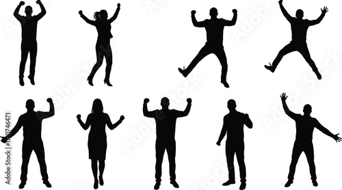 Celebration silhouette vector set, black expressive human poses with raised arms and energetic stances for emotion design, lifestyle art, and movement illustration