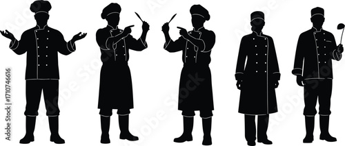 Chef silhouette set, black-and-white illustrations of culinary professionals in expressive poses for cooking, hospitality, and character design themes