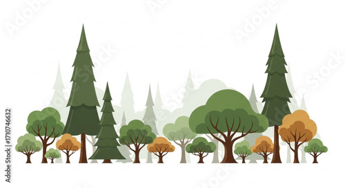 Cartoon forest background illustration with pine trees and deciduous trees vector landscape scene flat design 100