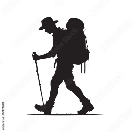 Hiker silhouette with backpack and walking stick