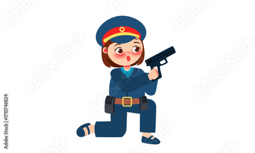 Cartoon illustration of a female police officer in a blue uniform, kneeling and holding a pistol, on a white background.