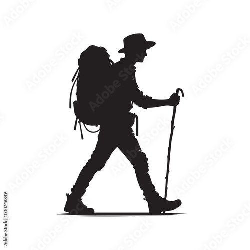 Hiker silhouette with backpack and walking stick