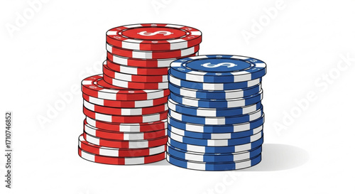 Illustration of poker chips casino gambling tokens red and blue stacks for games and betting concept art