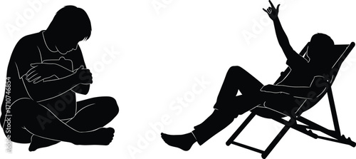 Contrasting silhouette set of seated figures, black-and-white illustrations of introspection and expression for emotion, lifestyle, and character design themes