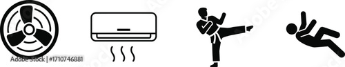 Cooling and impact icon set, black-and-white illustrations of fan, air conditioner, martial arts kick, and falling figure for humor and design themes