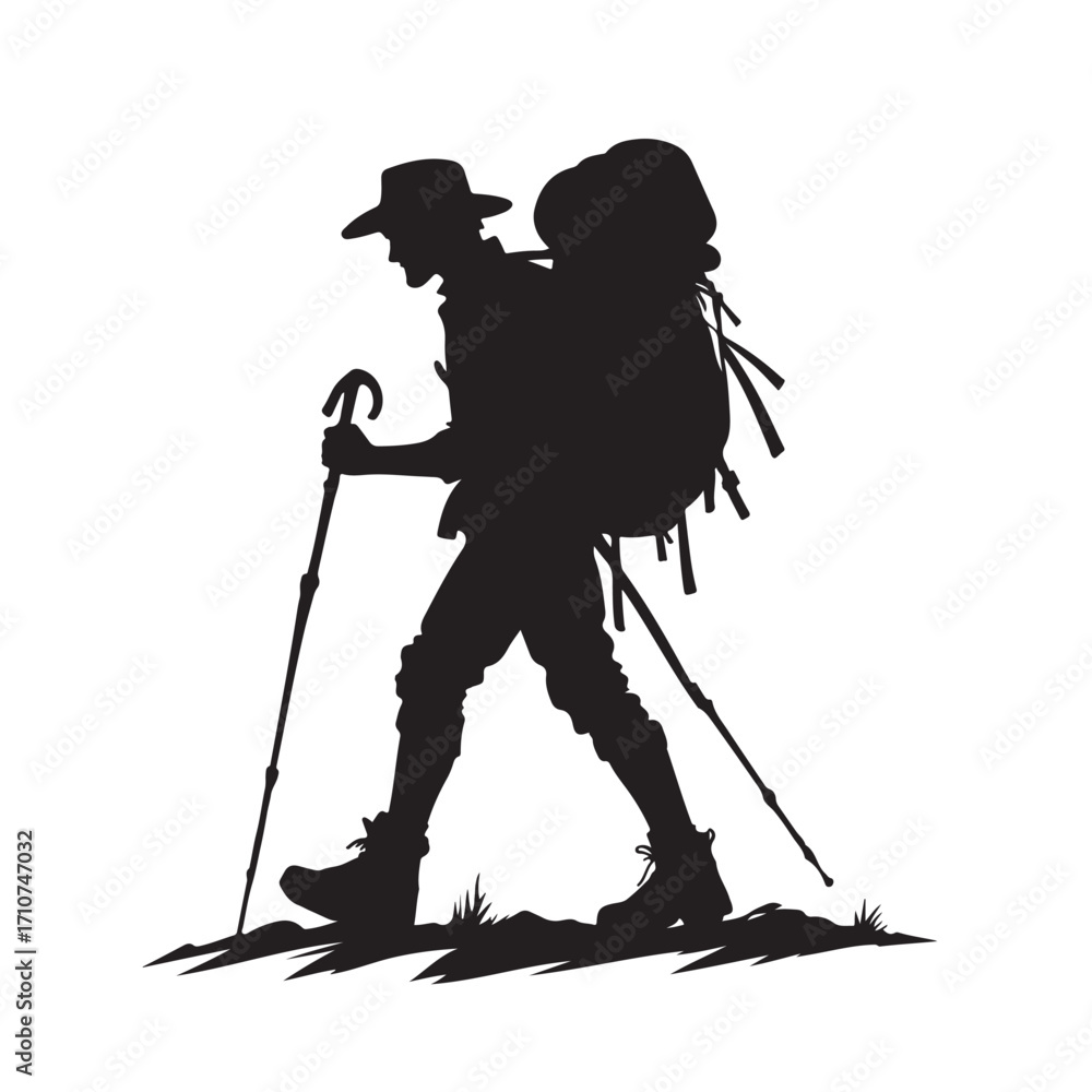 Fototapeta premium Hiker silhouette with backpack and walking stick