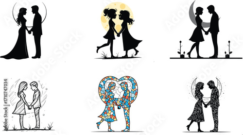 Couple holding hands vector set, romantic silhouettes and artistic styles with moon, wings, and heart motifs for love design and relationship illustration