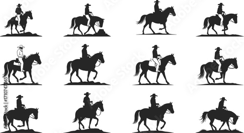 Cowboy riding horse silhouette vector set, western-themed black illustrations for ranch design, wild west art, equestrian motion, and vintage outdoor style
