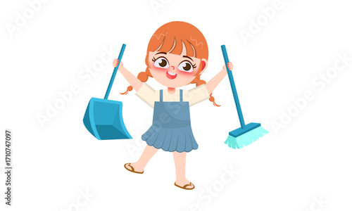 Cartoon girl with broom and dustpan, ready to clean.