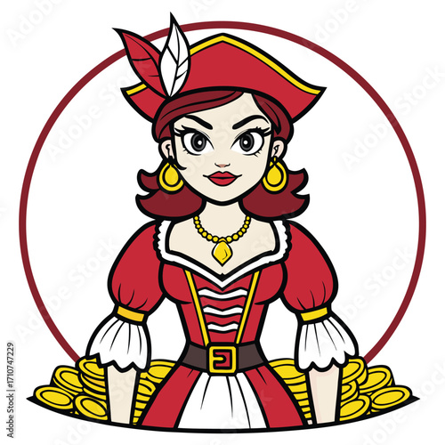 Pirate woman with treasure gold coins red dress